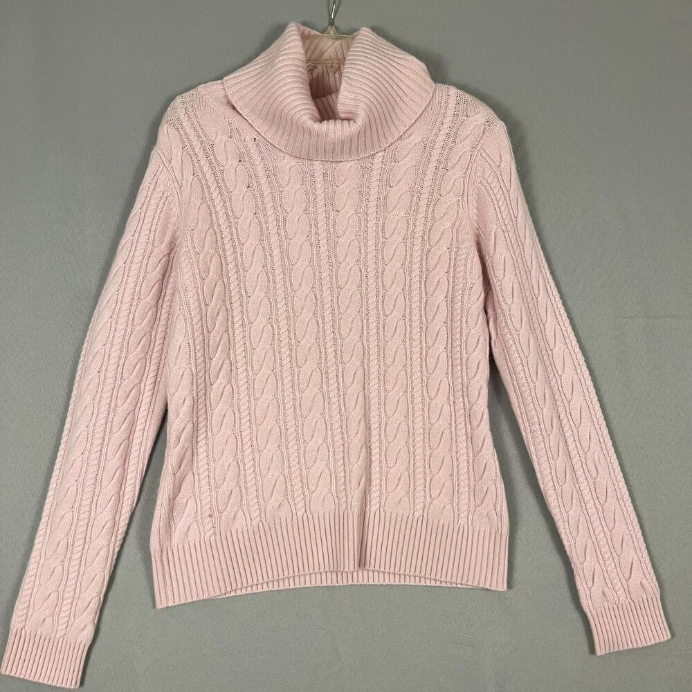 Bloomingdale's Sweater Women's Medium Pink 100% Cashmere Cable Knit Turtleneck - Picture 1 of 5